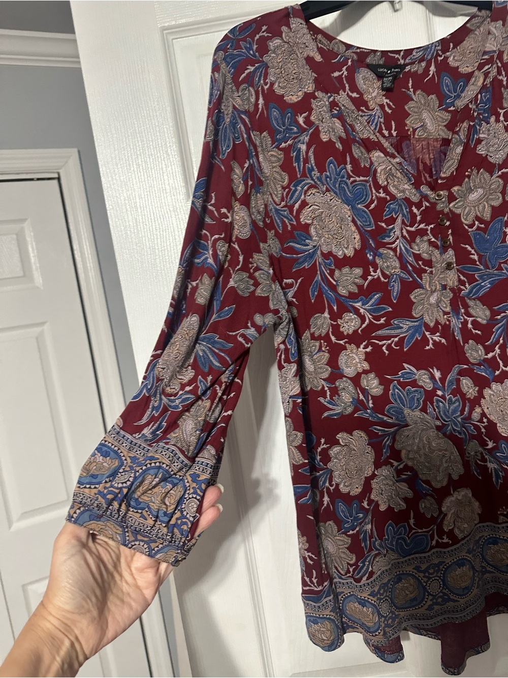 Lucky Brand Plus Paisley/Floral Button Front Henley Top - Picture 7 of 15